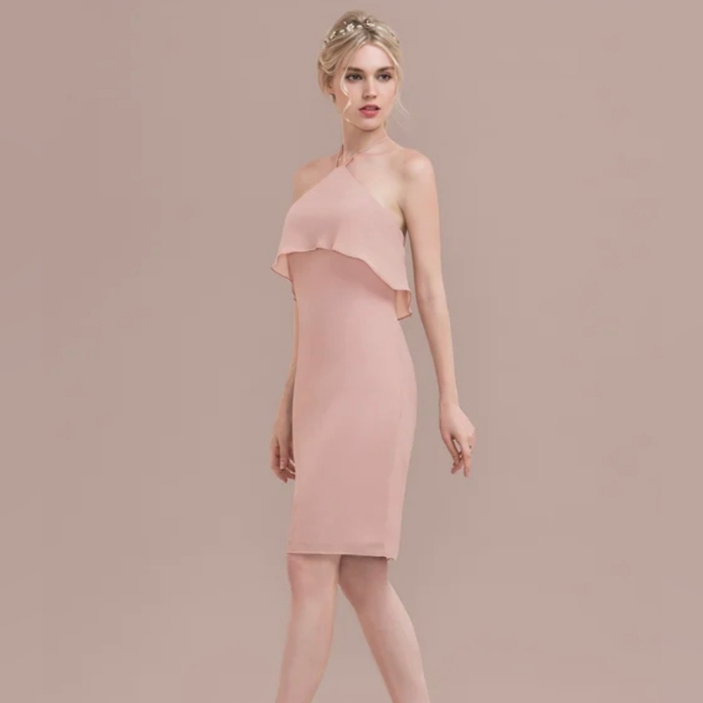 JJ's House Bridesmaid Strapped Sheath Dress Ruffle Detail Pale Pink